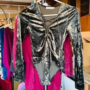 Faux velvet bodysuit with cris cross tie up front